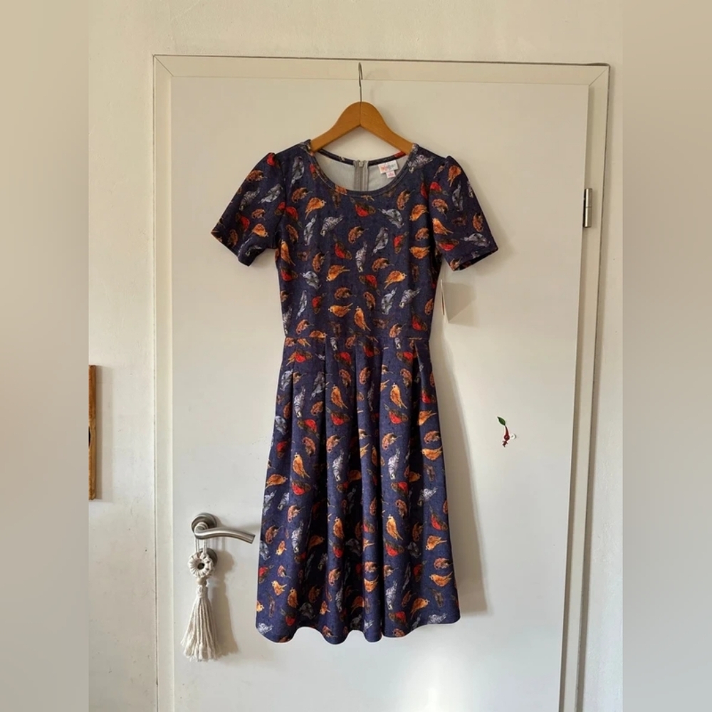 Women's Navy Fit-and-Flare Dress with Orange Leaf Print